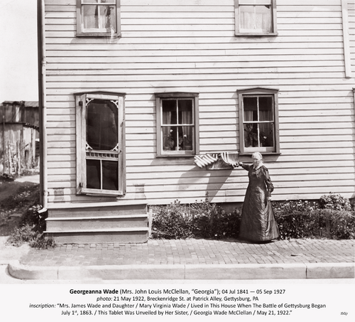 An interesting photograph of Georgia Wade unveiling the placard at the house where the Wade Family lived during the Battle of Gettysburg.