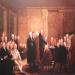 Portrait showing the signing of the Declaration of Independence.