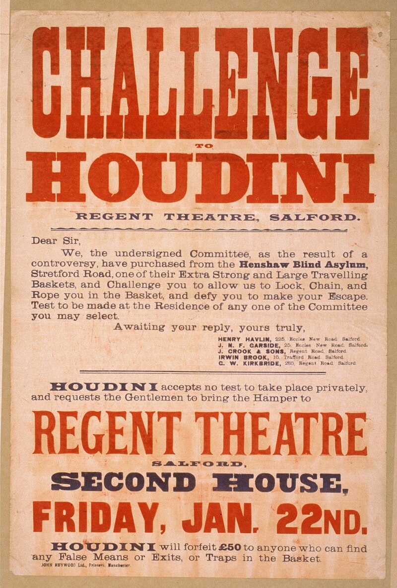 Poster promoting Houdini taking up the challenge of escaping an 