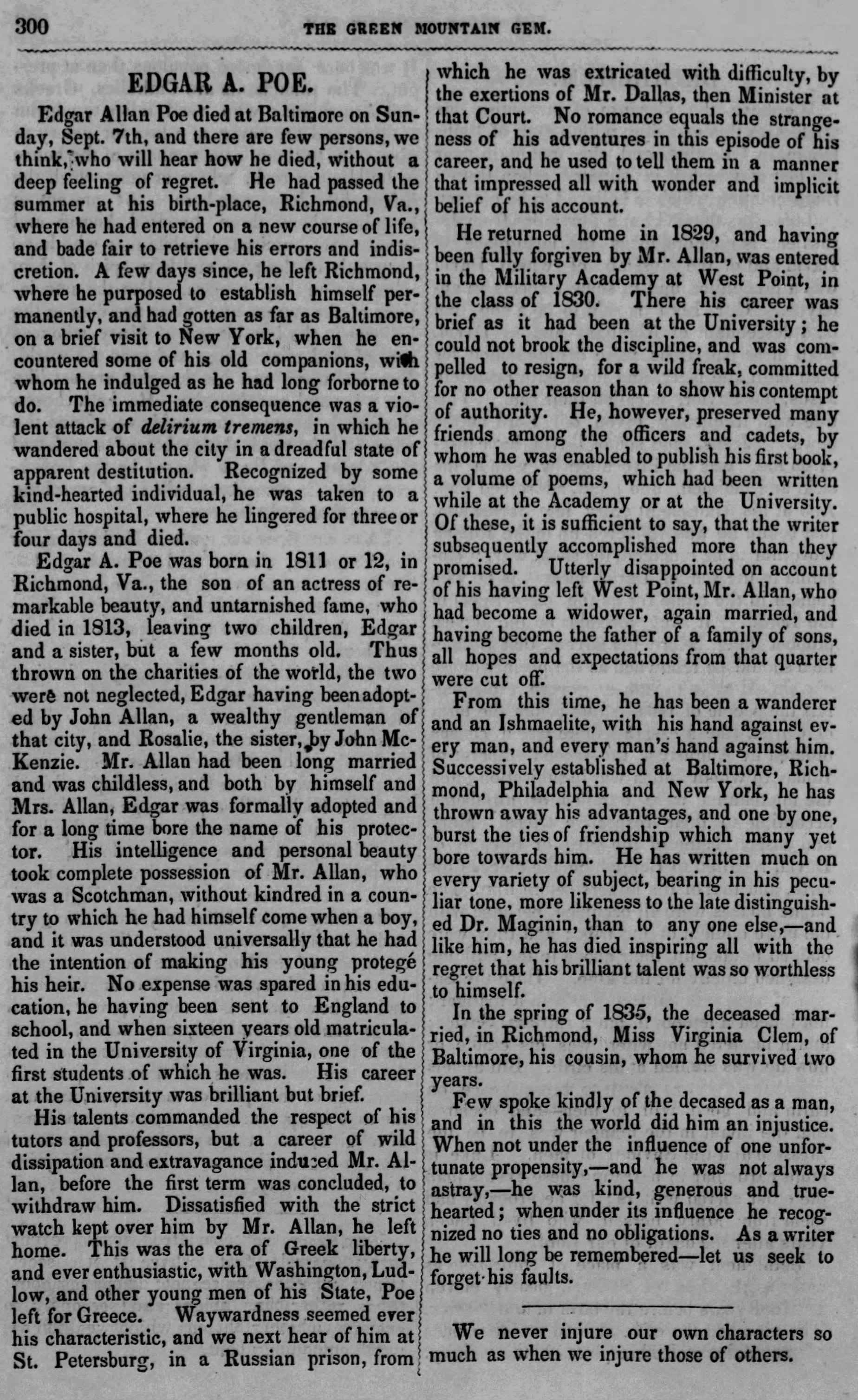 An article about Poe's Death