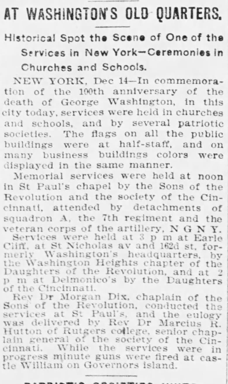 Newspaper article about celebration of George Washington 100 years after his death.